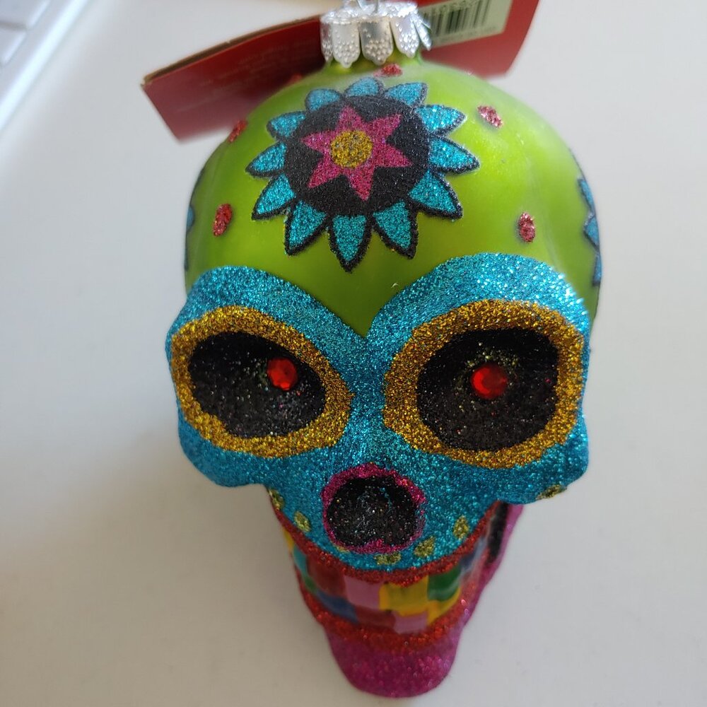 Ostara Skull Ornament painted glass glitter rhinestone eye Altar Art